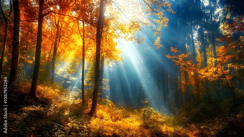 Fototapeta premium Dense forest trees in bright autumn colors
