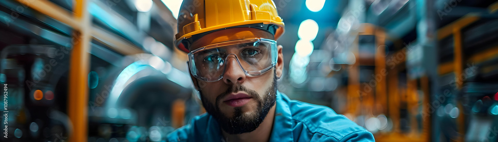 Focused Worker in Safety Gear Inspects Machinery in Industrial Setting Focused Worker in Safety Gear Inspects Machinery in Industrial Setting