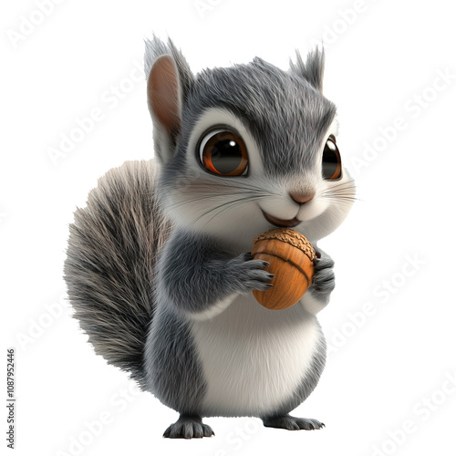 A cute squirrel holds an acorn in its mouth on a transparent background.