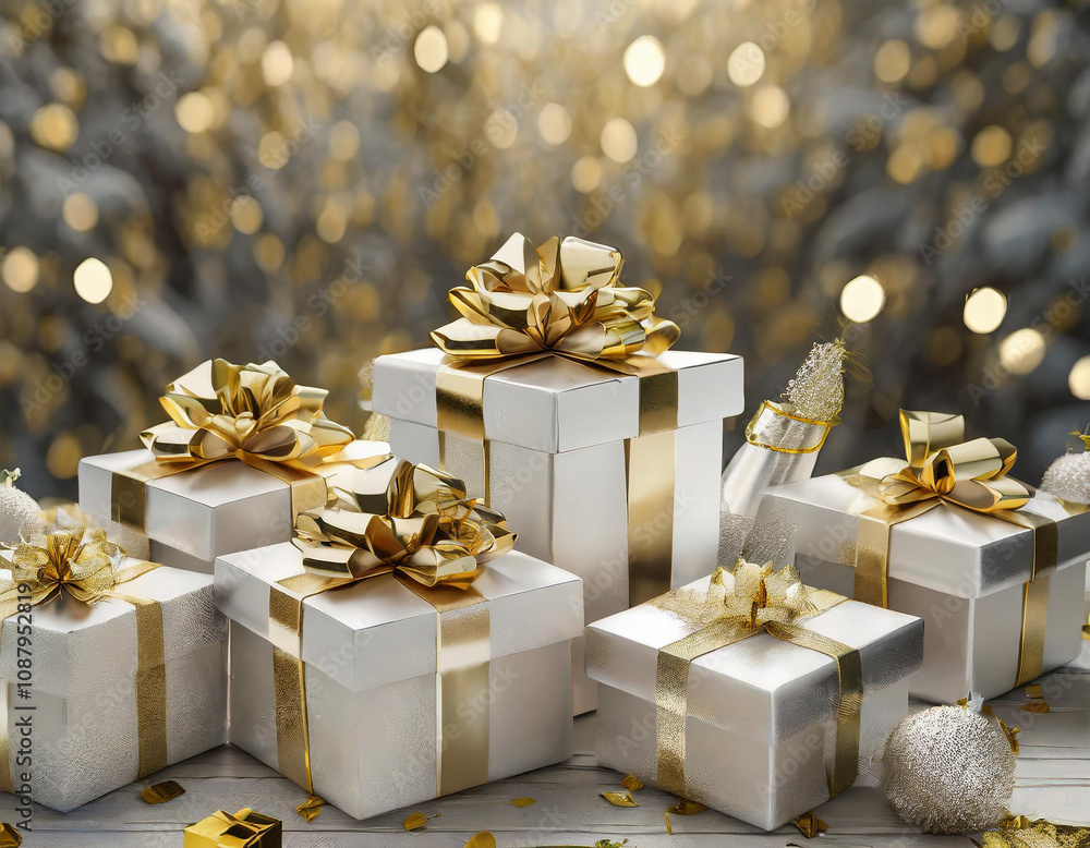 White and Gold Gift Boxes 3D Rendering for Christmas or Birthday Invitation - generated by ai White and Gold Gift Boxes 3D Rendering for Christmas or Birthday Invitation - generated by ai