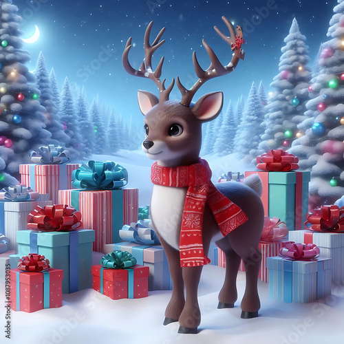 A cheerful reindeer surrounded by wrapped presents and twinkling lights.
 photo