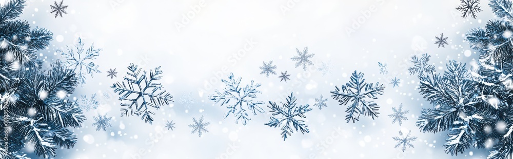 Delicate array of snowflakes gently falling against a minimalist white winter background Delicate array of snowflakes gently falling against a minimalist white winter background