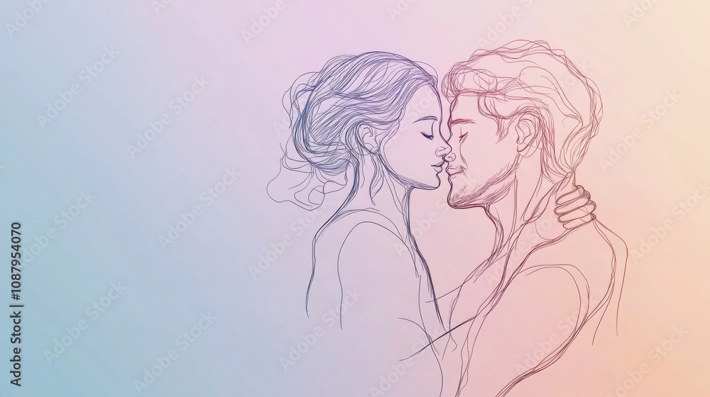 Couple embracing in minimalist line art illustrating pure love against a gradient background Couple embracing in minimalist line art illustrating pure love against a gradient background