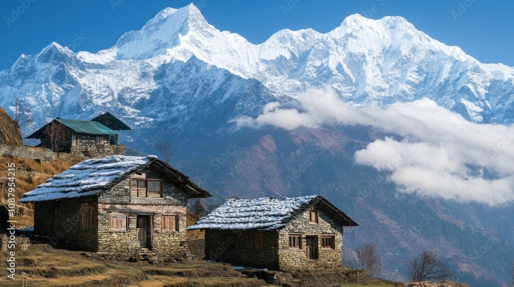 Obraz premium Traditional stone houses nestled in a Himalayan village with snow-capped mountains in the background.