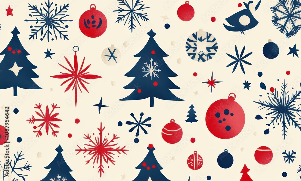 Colorful Christmas pattern with holiday elements, including stars, snowflakes, evergreen branches, and ornaments perfect for festive backgrounds Colorful Christmas pattern with holiday elements, including stars, snowflakes, evergreen branches, and ornaments perfect for festive backgrounds