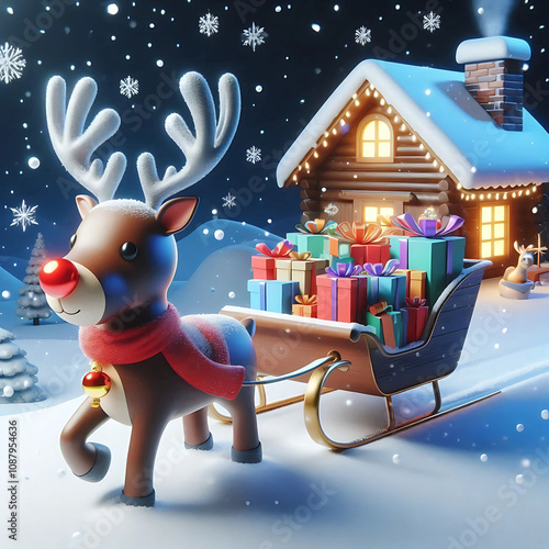 A cheerful reindeer surrounded by wrapped presents and twinkling lights.
 photo