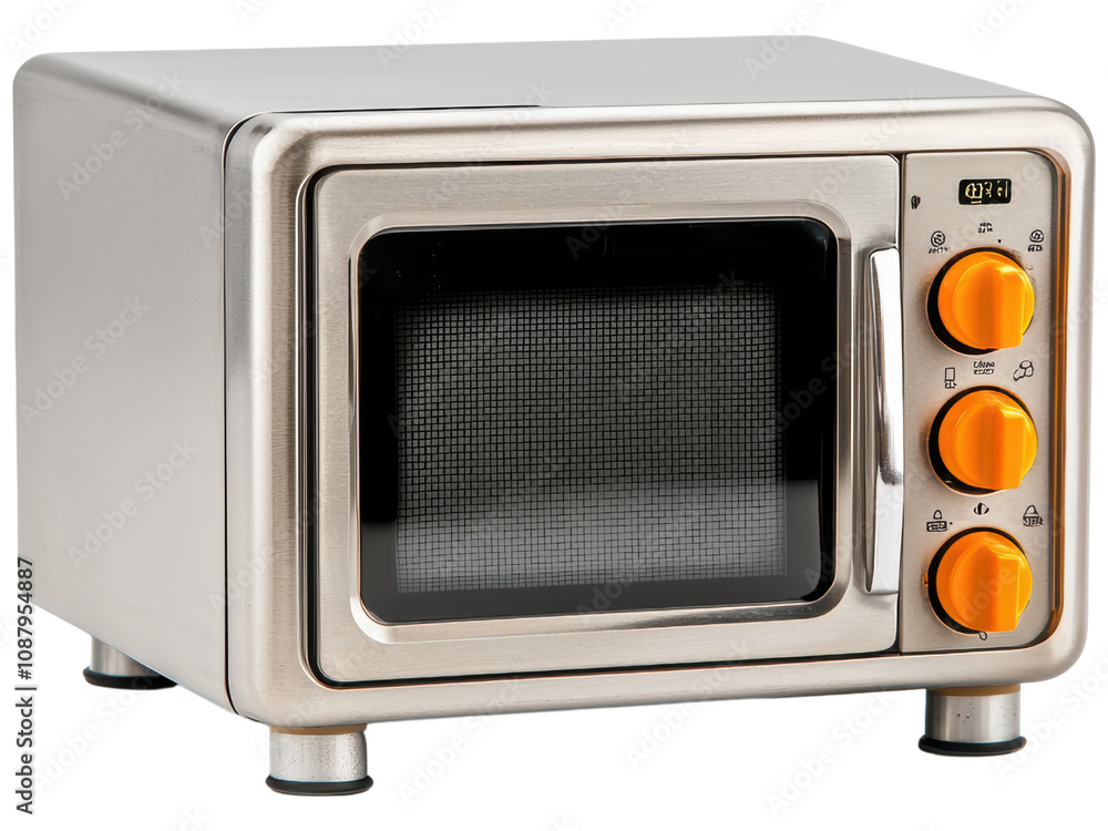 Fototapeta premium Modern Microwave with Orange Dials and Stainless Steel Finish