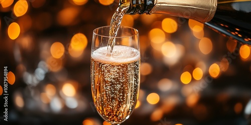 Champagne is being poured into a tall glass, creating a cascade of bubbles