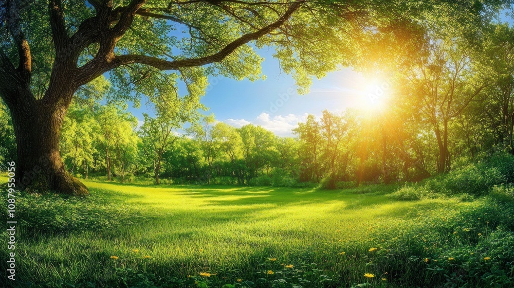Sunlight streams through the canopy of a large tree in a lush green forest. Sunlight streams through the canopy of a large tree in a lush green forest.