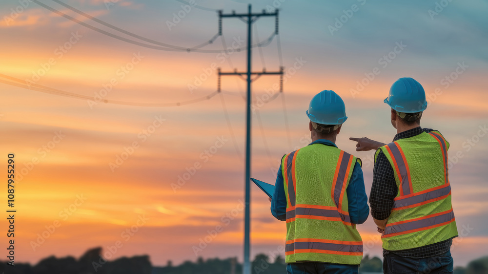 Two men in safety vests are standing next to a power line pole. One of them is pointing to the sky Two men in safety vests are standing next to a power line pole. One of them is pointing to the sky