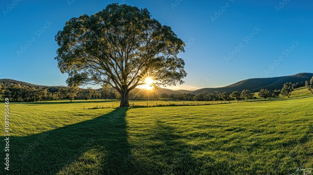 Obraz premium A solitary tree stands tall in a field, its silhouette outlined against the setting sun.
