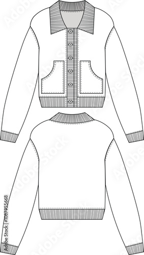 with pockets ribbed collared cuffs long sleeve buttoned jacket cardigan template technical drawing flat sketch cad mockup fashion woman child design style model 
