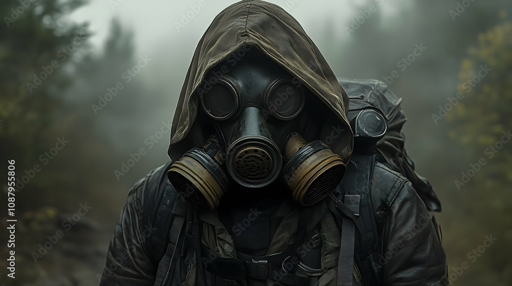 Post-Apocalyptic Figure in Gas Mask and Backpack, Walking through a Foggy Forest Post-Apocalyptic Figure in Gas Mask and Backpack, Walking through a Foggy Forest