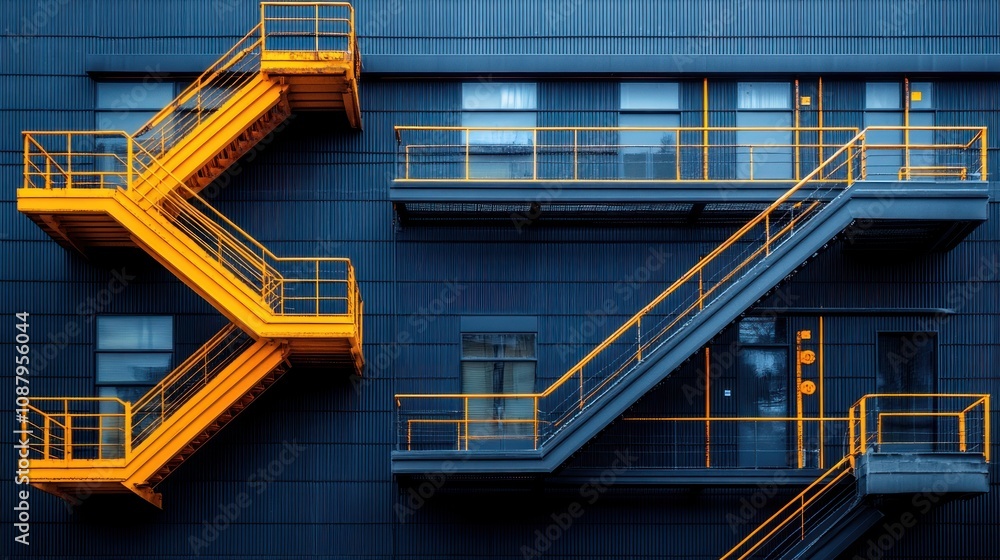 Orange and gray fire escapes on a modern building. Orange and gray fire escapes on a modern building.