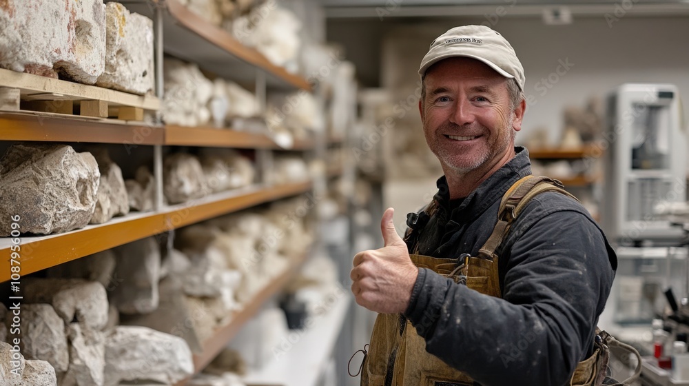Skilled Stone Mason Smiling in Craft Workshop with Natural Stone Skilled Stone Mason Smiling in Craft Workshop with Natural Stone
