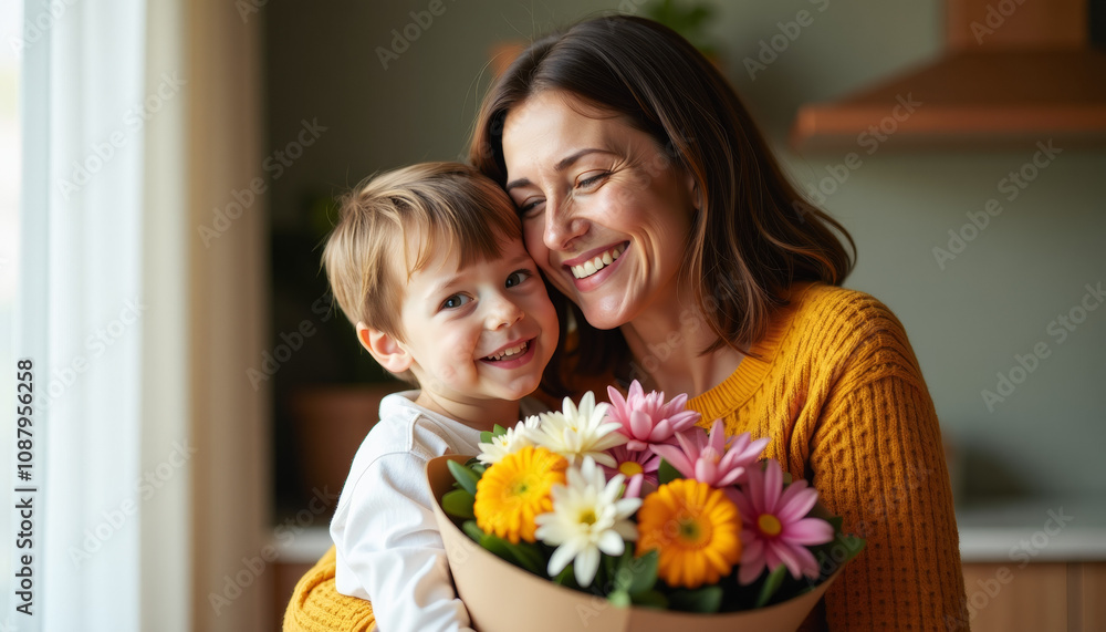 Mother and Child with Flowers: A Moment of Joy Mother and Child with Flowers: A Moment of Joy