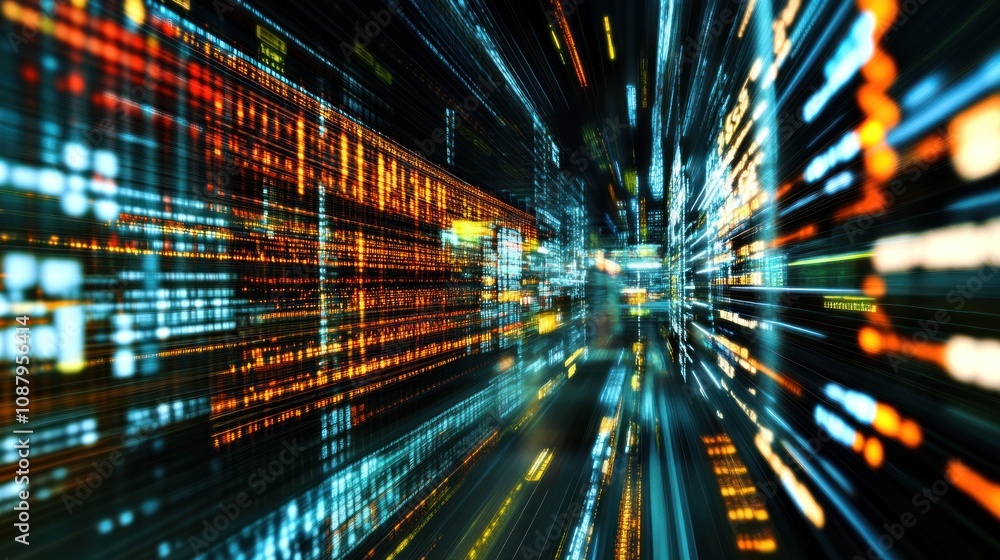 Abstract digital data flow in a dark space with a blurred effect. Abstract digital data flow in a dark space with a blurred effect.