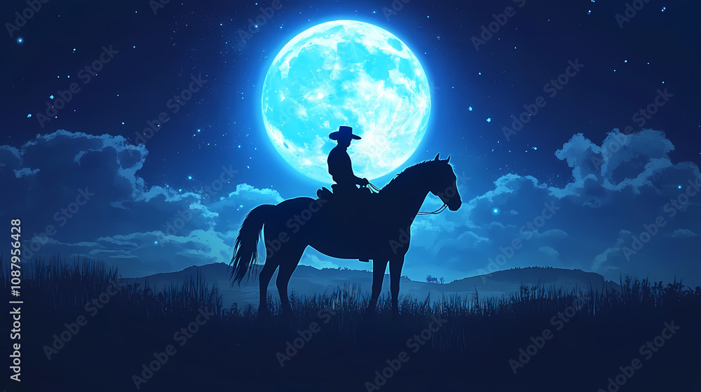 Silhouette of cowboy riding horse under blue moon illustration. Celestial Moonlit Sky. Illustration Silhouette of cowboy riding horse under blue moon illustration. Celestial Moonlit Sky. Illustration