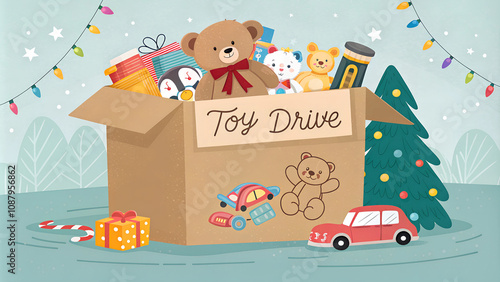 Box of toys overflowing with teddy bears, dolls, and cars, labeled 