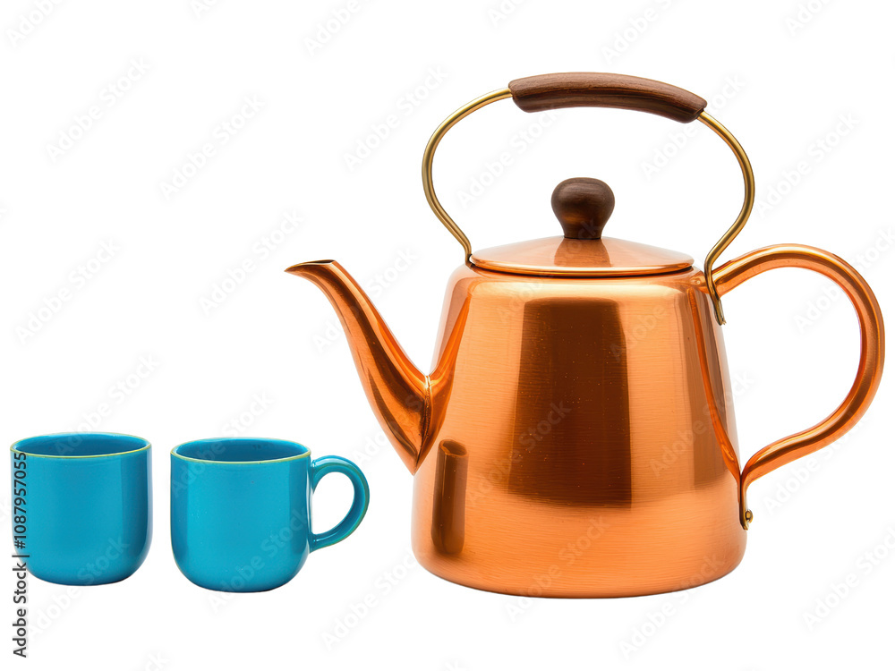 Copper Teapot and Colorful Cups on a White Background Copper Teapot and Colorful Cups on a White Background
