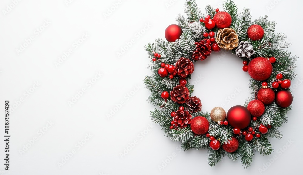 Beautiful Christmas wreath adorned with red baubles and pine cones on a minimal background Beautiful Christmas wreath adorned with red baubles and pine cones on a minimal background