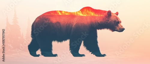 Fiery bear transformation wilderness digital art surrealism side view nature and wildlife concept