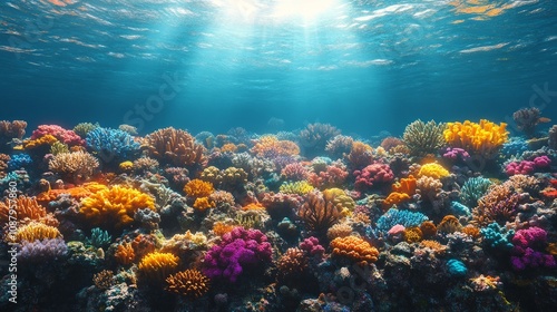 Vibrant coral reef thrives in shallow, sunlit tropical waters, teeming with marine life and showcasing underwater beauty