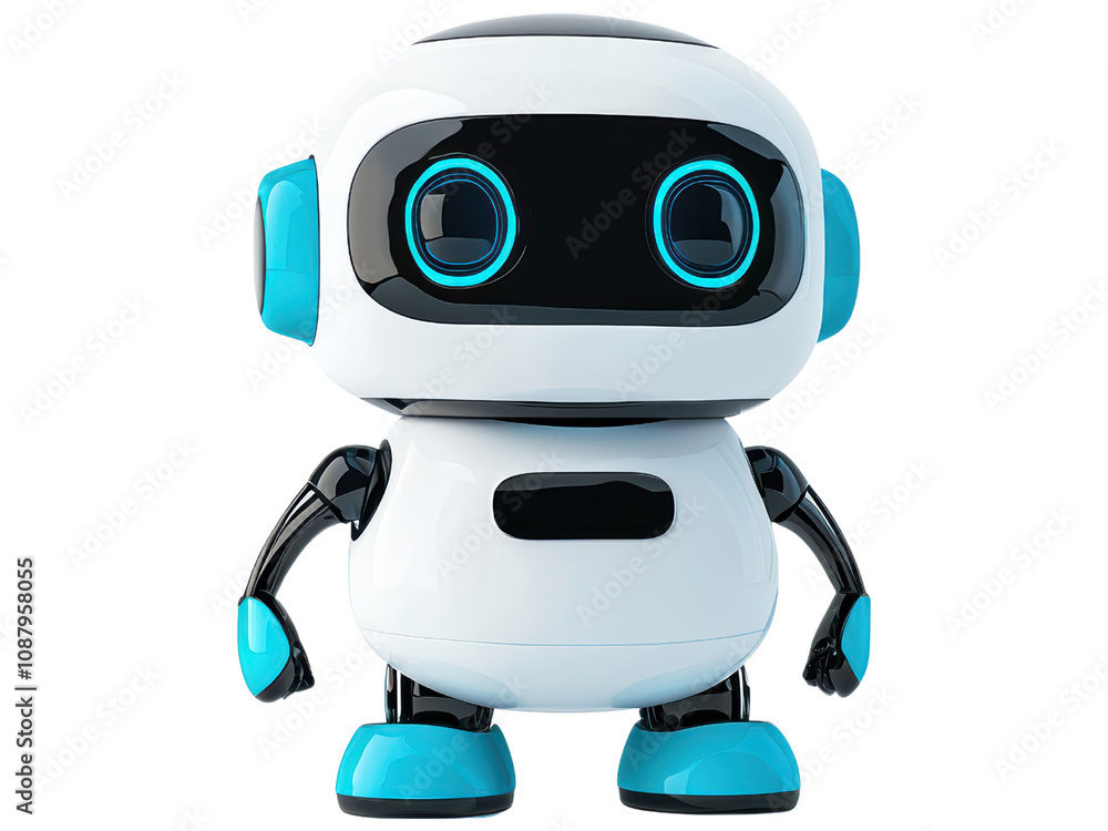Cute Cartoon Robot with Blue Accents and Big Eyes Cute Cartoon Robot with Blue Accents and Big Eyes
