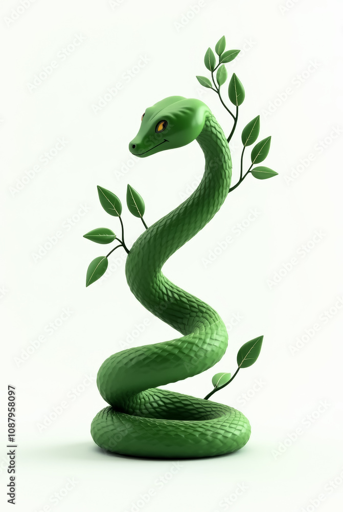 Fototapeta premium A vibrant green tree snake wraps around a dollar symbol, showcasing a minimalist design with a clean aesthetic
