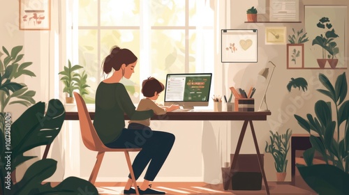 Single parent working from home while caring for child in a cozy, plant-filled environment