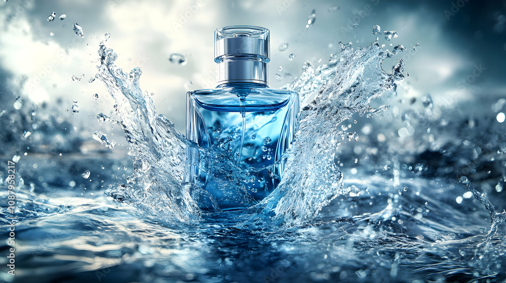 3D Render of Perfume Bottle Emerging from Water Splashes, Aquatic Background 3D Render of Perfume Bottle Emerging from Water Splashes, Aquatic Background