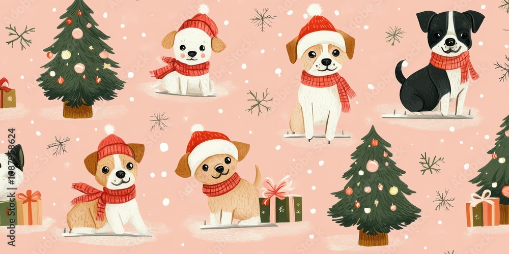 Adorable Christmas pattern featuring cute dogs with festive accessories and decorations Adorable Christmas pattern featuring cute dogs with festive accessories and decorations
