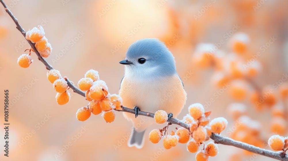 A fluffy bird perches on snow-dusted berries, embodying winter's delicate beauty and nature's serene persistence. A fluffy bird perches on snow-dusted berries, embodying winter's delicate beauty and nature's serene persistence.