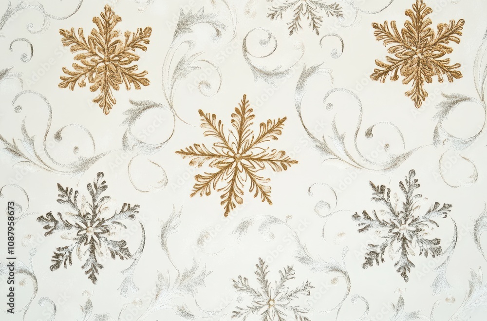 Elegant winter pattern with gold and silver snowflakes on a cream background, featuring delicate swirls and intricate detailing, perfect for holiday decor and seasonal designs Elegant winter pattern with gold and silver snowflakes on a cream background, featuring delicate swirls and intricate detailing, perfect for holiday decor and seasonal designs