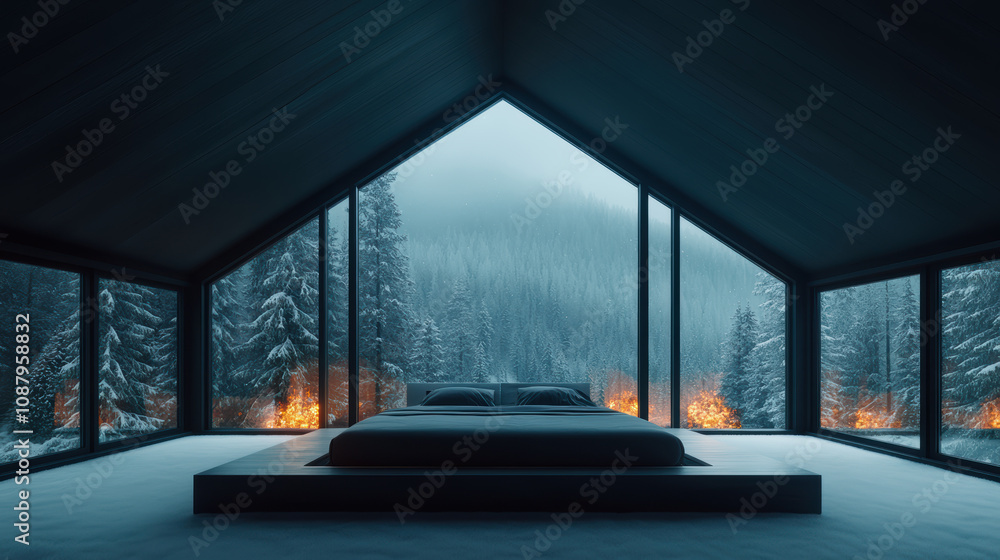 A minimalistic bedroom with expansive windows, snowy woods beyond, offers a serene retreat, the fireplace lending warmth against the wintry scene. A minimalistic bedroom with expansive windows, snowy woods beyond, offers a serene retreat, the fireplace lending warmth against the wintry scene.