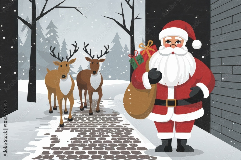 Whimsical Santa Claus Reindeer Snowy Winter Wonderland - Christmas Cheer Whimsical Santa Claus Reindeer Snowy Winter Wonderland - Christmas Cheer