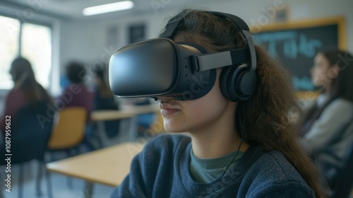 Student engages in immersive learning using virtual reality technology in modern classroom