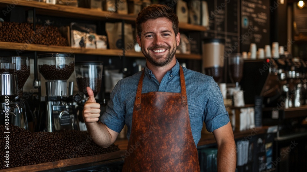 Cheerful Barista Giving Thumbs Up in a Coffee Shop Cheerful Barista Giving Thumbs Up in a Coffee Shop