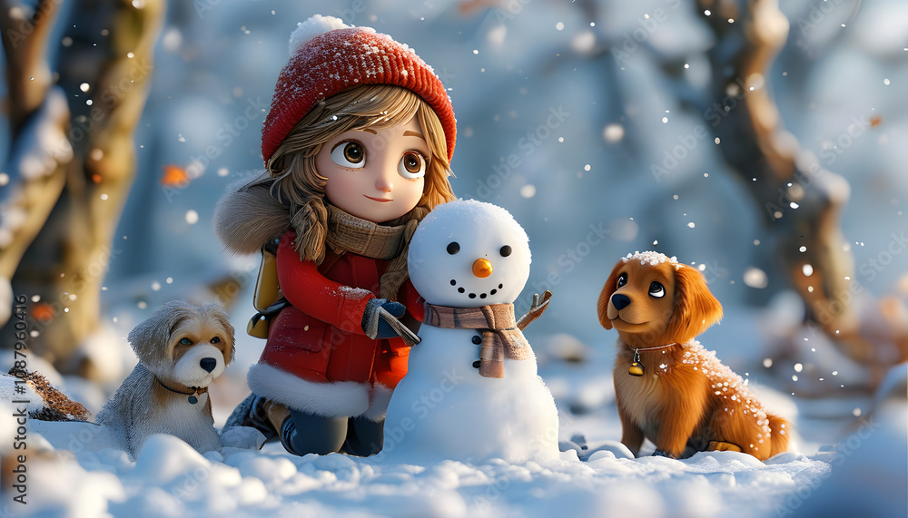 Girl with Snowman and Dogs in Winter Girl with Snowman and Dogs in Winter