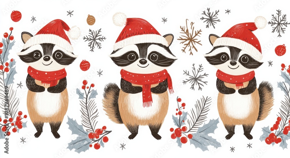 Fototapeta premium Cute raccoon delightfully holding a Christmas cookie surrounded by festive holiday decorations and seasonal greenery