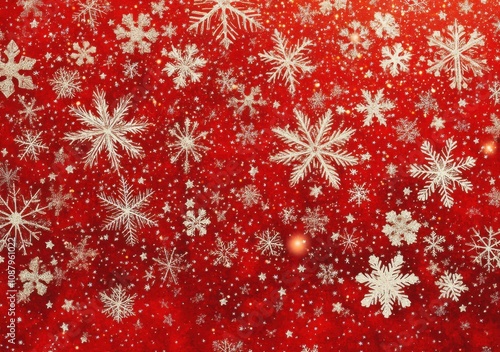 Festive red background with a pattern of intricate white snowflakes perfect for holiday or Christmas themed projects, evoking a sense of winter wonder and festive cheer.