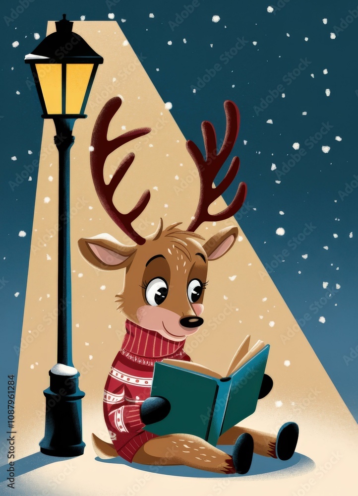 Fototapeta premium Whimsical Cartoon Reindeer Reading Snowy Street Lamp - Holiday Cheer