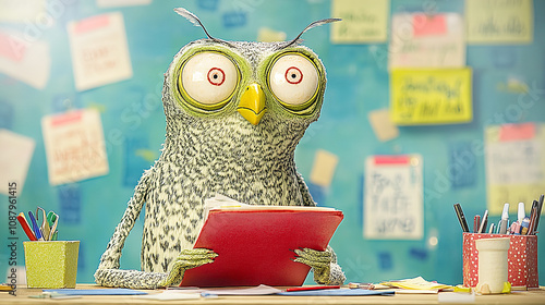 Cute wise  Owl with books working in office, advisory and help concept background  photo