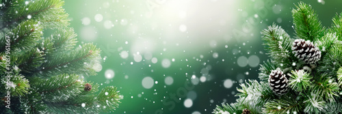Wallpaper Mural Christmas banner. Green pine tree branches on blurred falling snow background. Template with copy space Torontodigital.ca