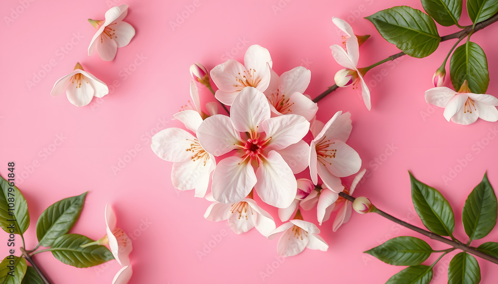 Fototapeta premium Flower blossom pattern on pink background. Top view, vintage