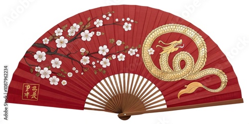 Serpent Swirl A circular red fan decorated with a coiling gold s surrounded by stylized cherry blossoms representing renewal and good fortune. photo