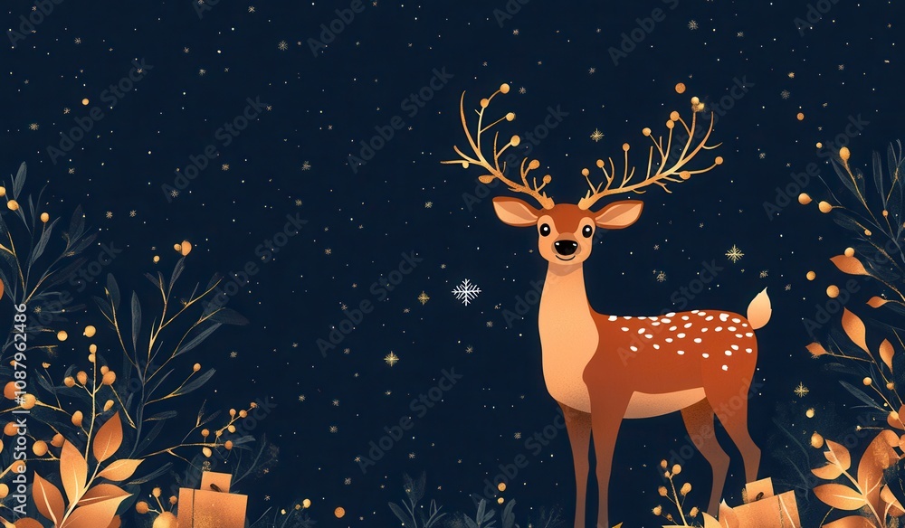 Stylish Christmas background featuring a golden deer amidst a serene winter night sky Stylish Christmas background featuring a golden deer amidst a serene winter night sky
