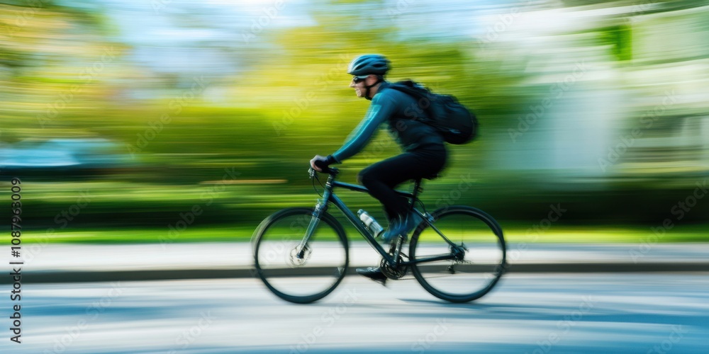 a moving cyclist, where the background is blurred to give a sense of speed a moving cyclist, where the background is blurred to give a sense of speed