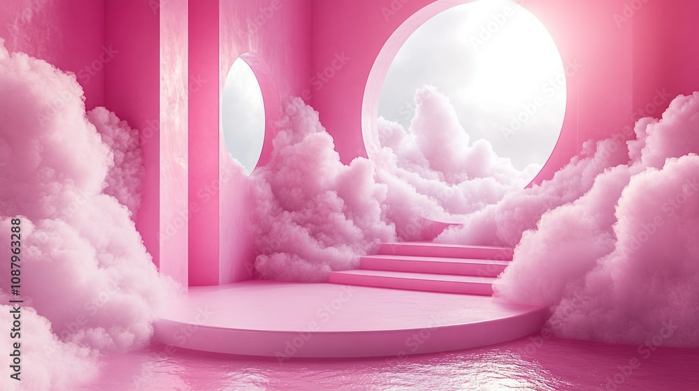 Pink room with clouds, stairs, and a platform. Pink room with clouds, stairs, and a platform.