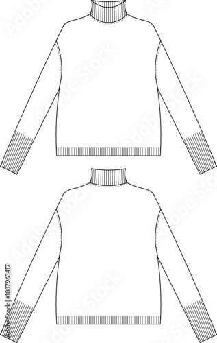 ribbed turtleneck high neck cuffs hem drop shoulder long sleeve slouchy loose oversize sweater knitwear pullover template technical drawing flat sketch cad mockup fashion woman design style model 
